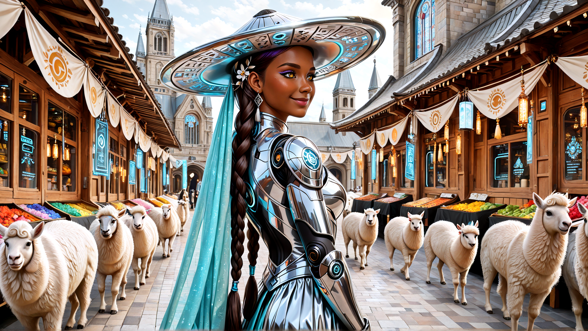 AI generated wallpaper featuring woman, sheep, market, hat, armor, lamb, braid, silk, building, banner