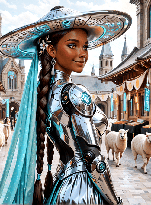 woman, sheep, market, hat, armor, lamb, braid, silk, building, banner