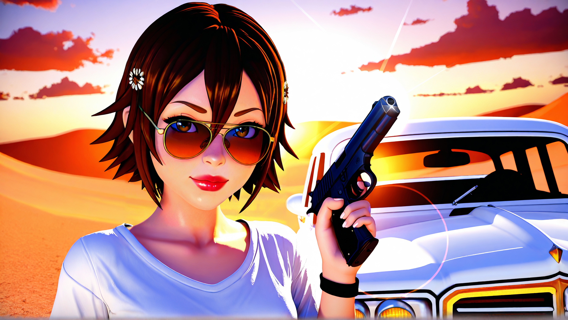 AI generated wallpaper featuring woman, gun, car, sunglasses, desert, daisy