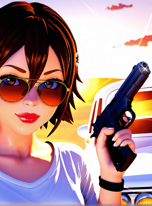 woman, gun, car, sunglasses, desert, daisy