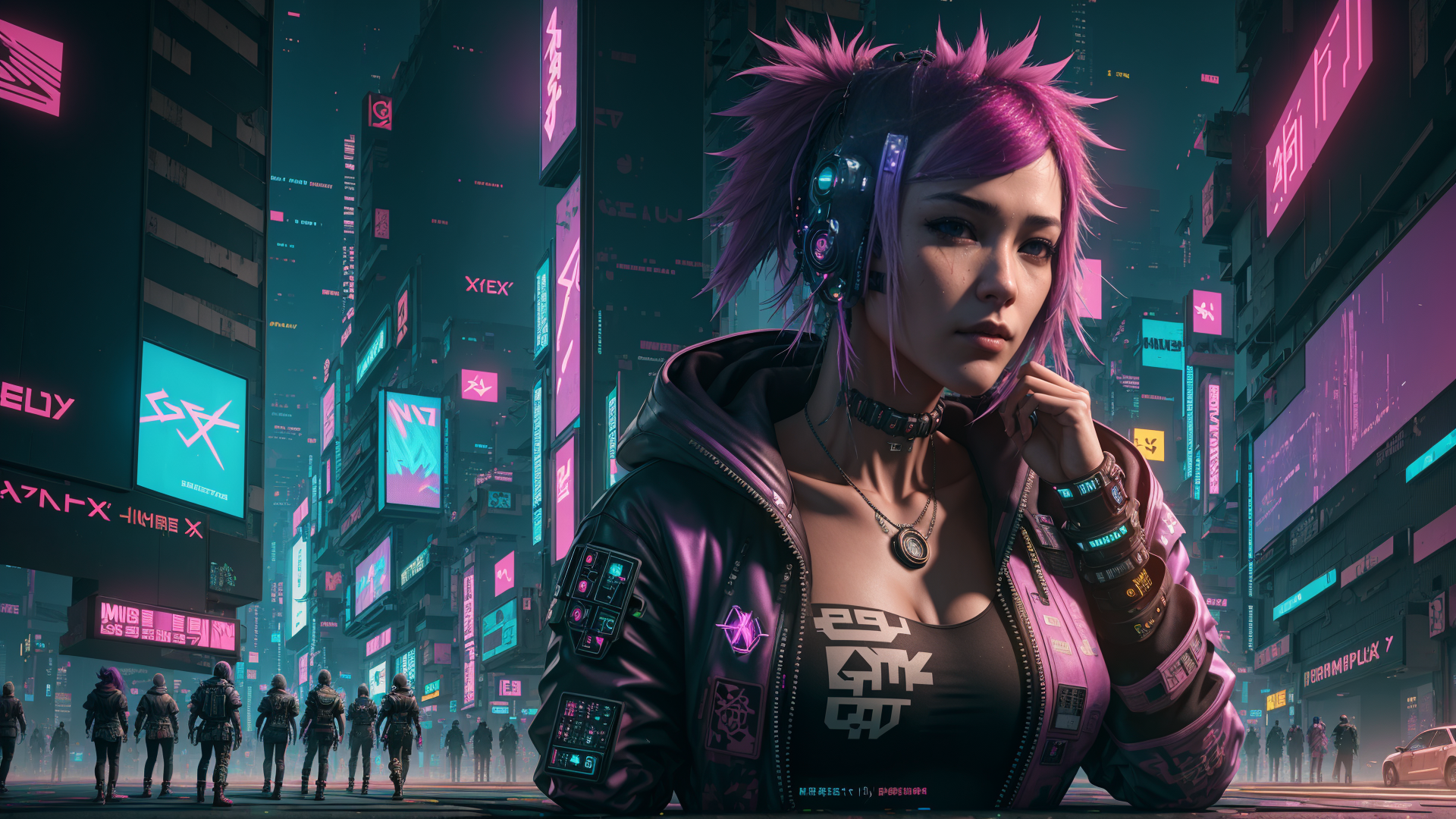 AI generated wallpaper featuring cyberpunk, woman, city