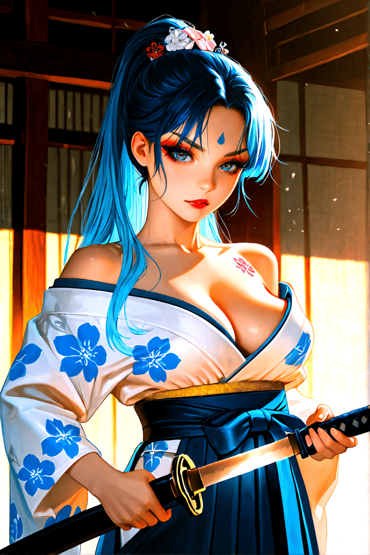 AI generated wallpaper featuring woman, samurai, sword, kimono, flower, hair, sash, swordsman, anime, girly