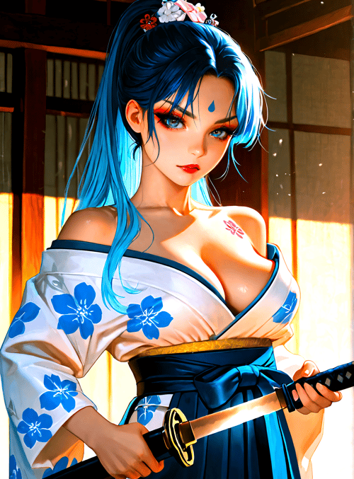 woman, samurai, sword, kimono, flower, hair, sash, swordsman, anime, girly