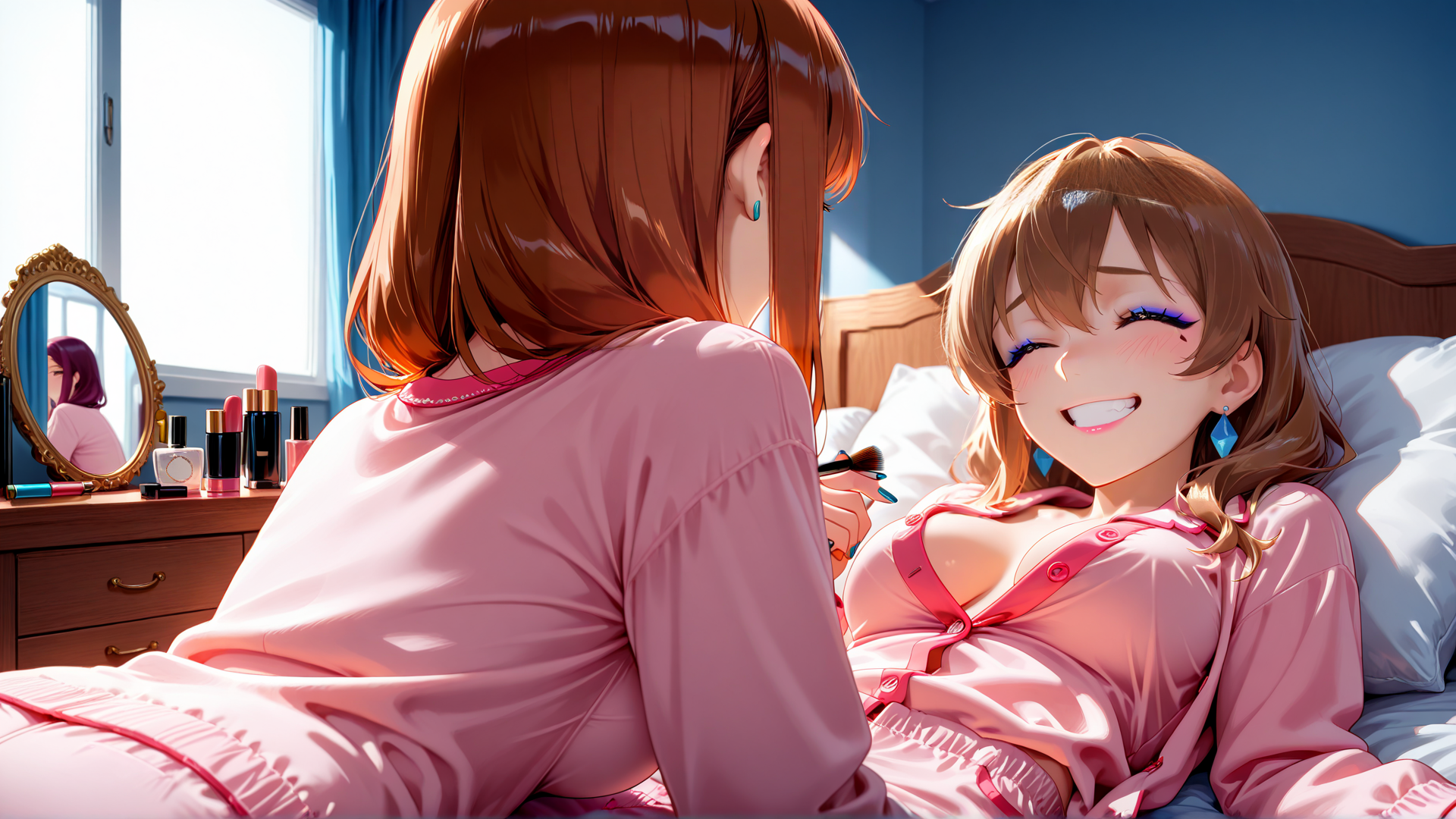 AI generated wallpaper featuring girls, bedroom, makeup