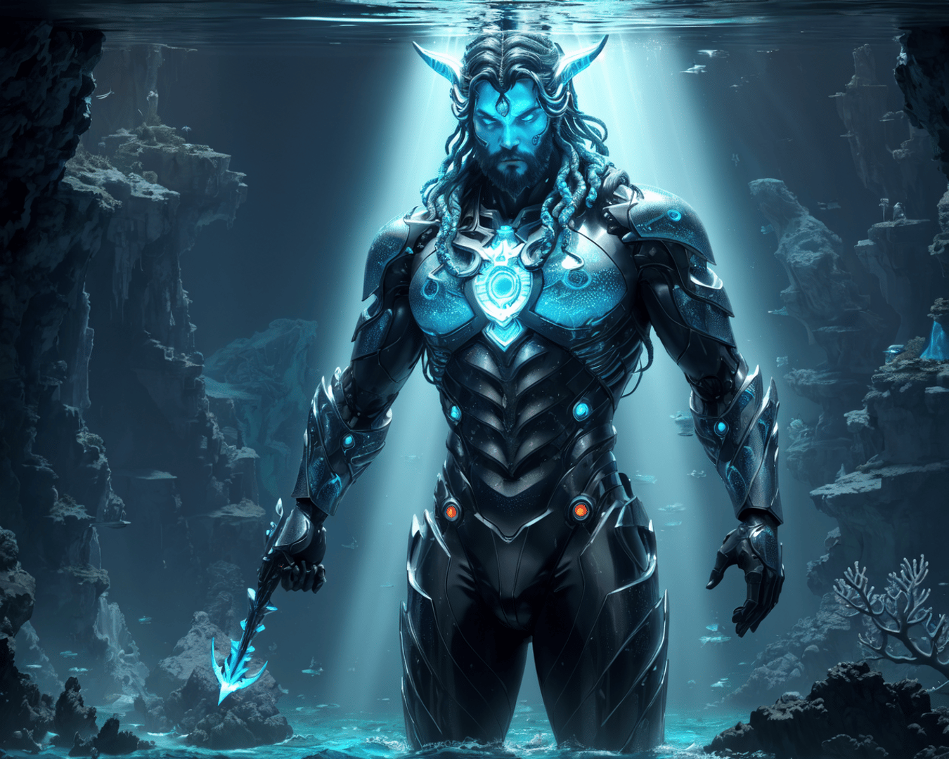 AI generated wallpaper featuring merman, armor, trident