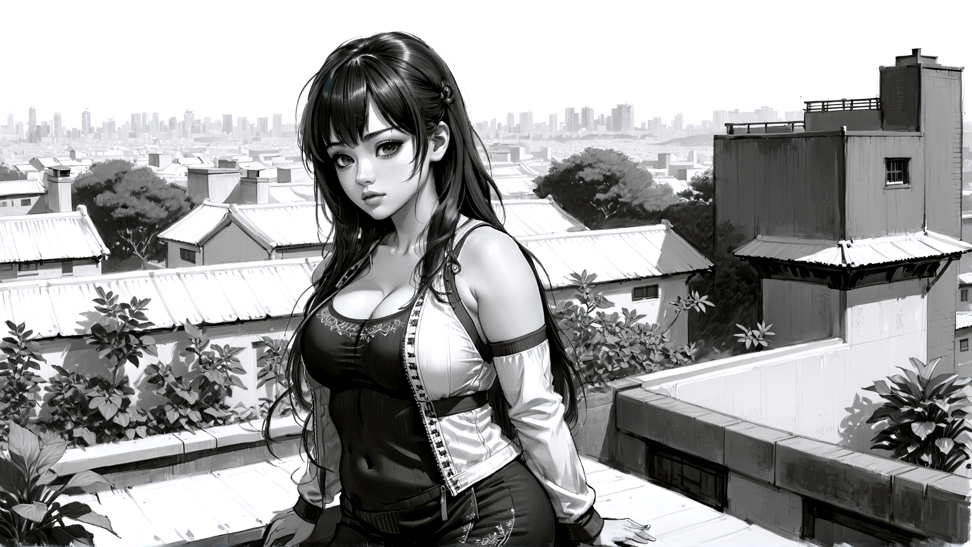 AI generated wallpaper featuring woman, rooftop, cityscape, buildings, plants