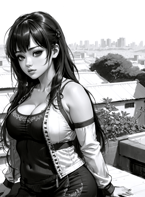 woman, rooftop, cityscape, buildings, plants