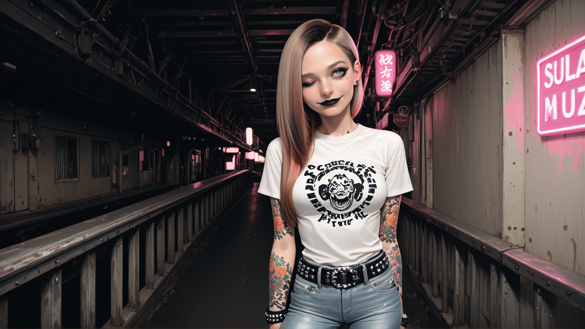 AI generated wallpaper featuring woman, tattoo, neon, train station, graphic tee, belt, jeans, hair, sign, sleeve