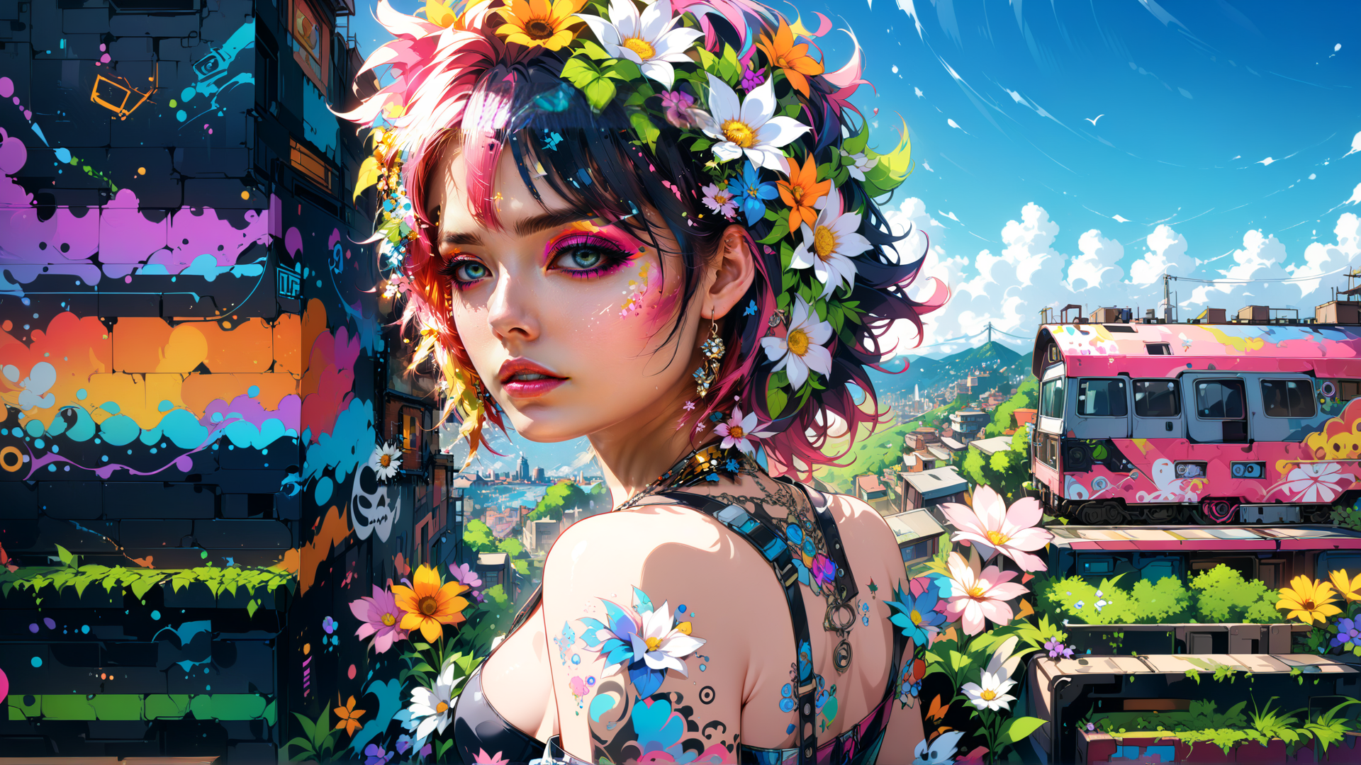 AI generated wallpaper featuring girl, flowers, train