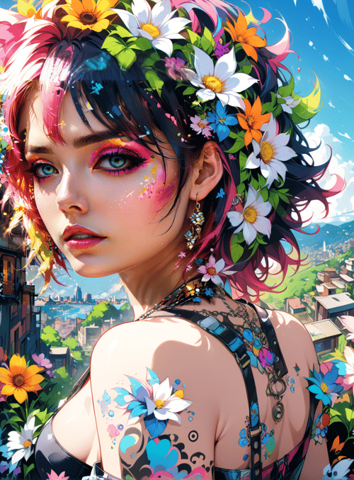 girl, flowers, train