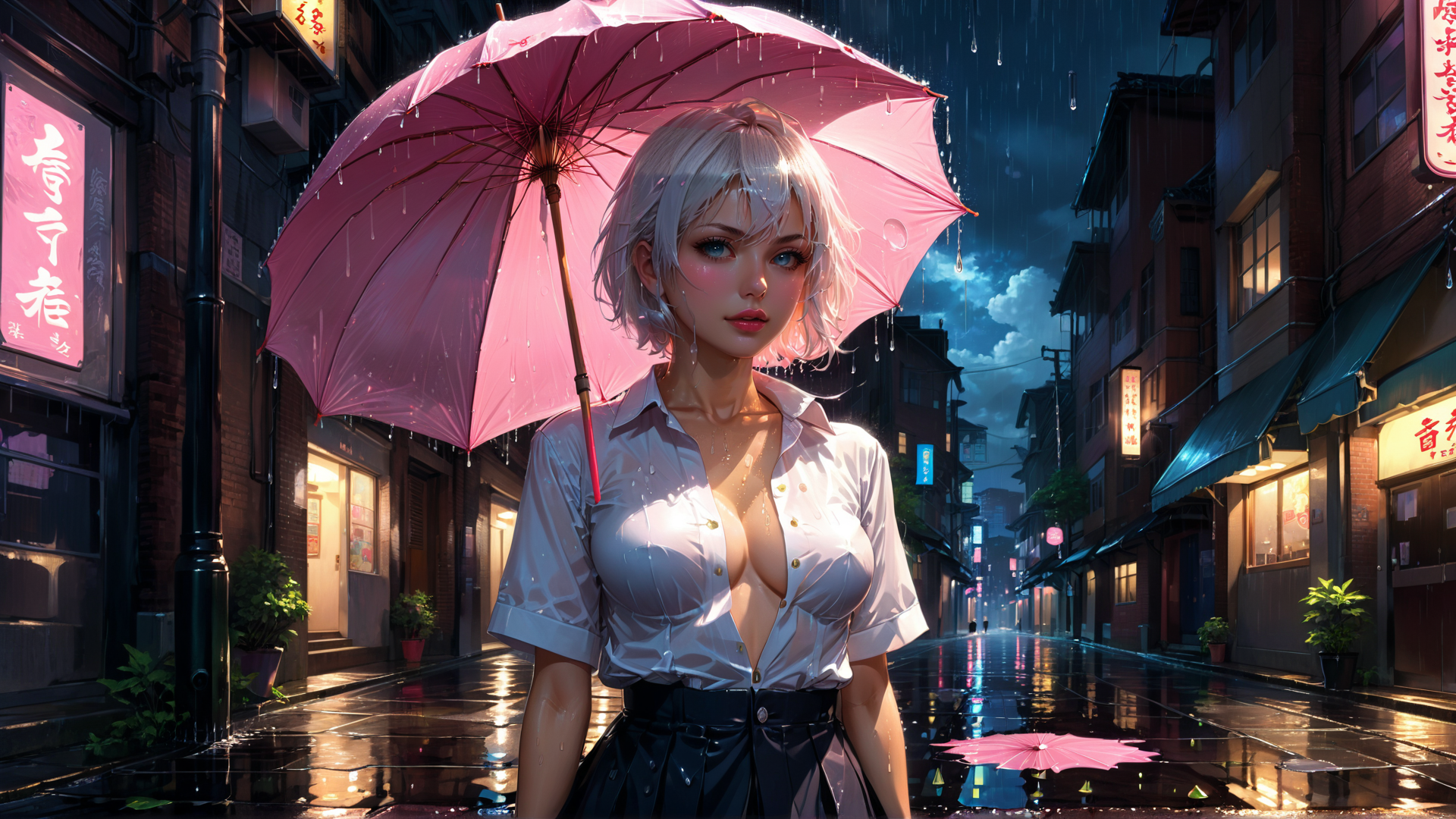 AI generated wallpaper featuring woman, umbrella, street, rain, building, sign