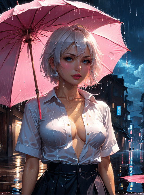 woman, umbrella, street, rain, building, sign