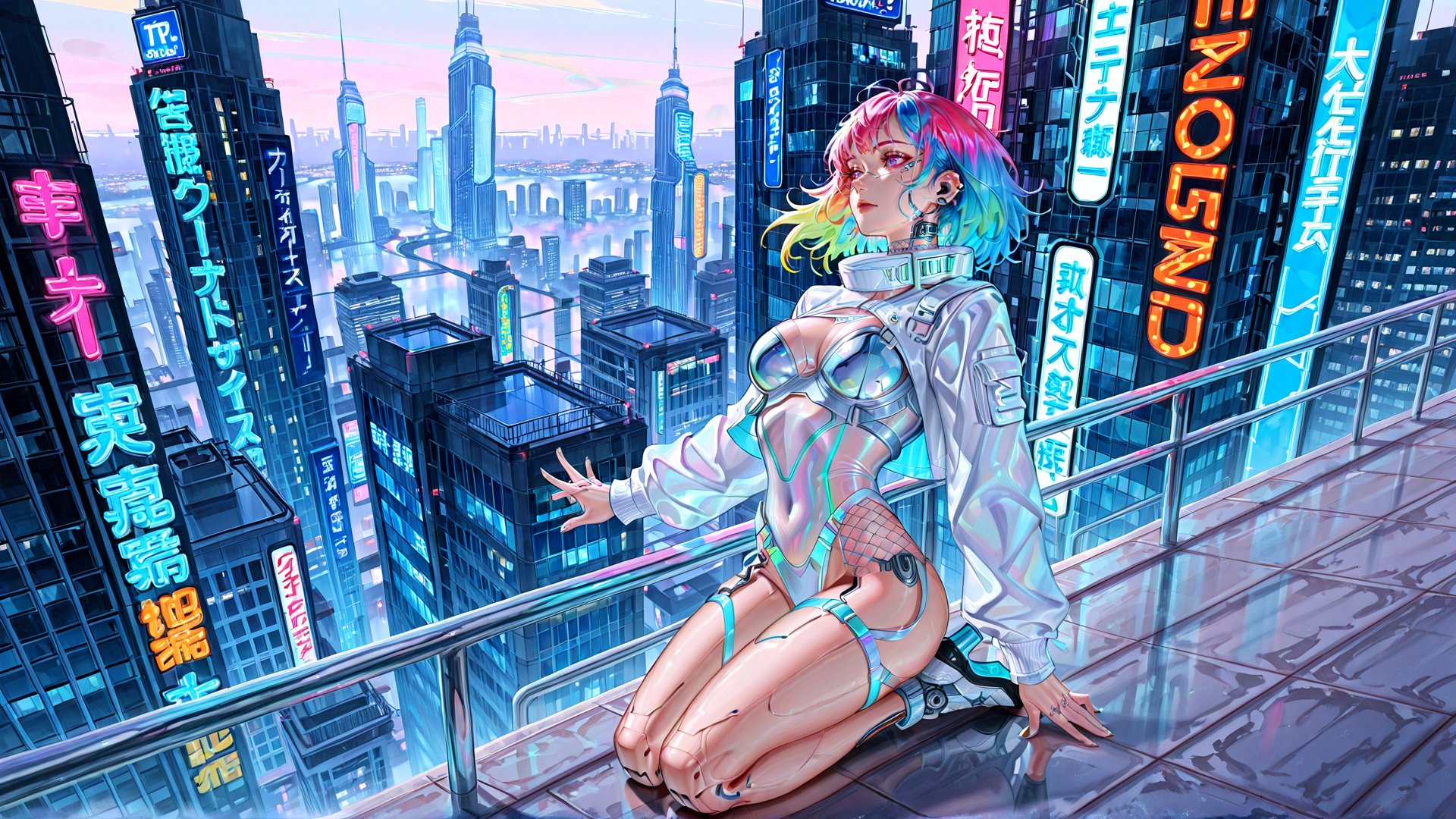 AI generated wallpaper featuring cyberpunk, woman, cityscape, neon, futuristic, gaming, urban