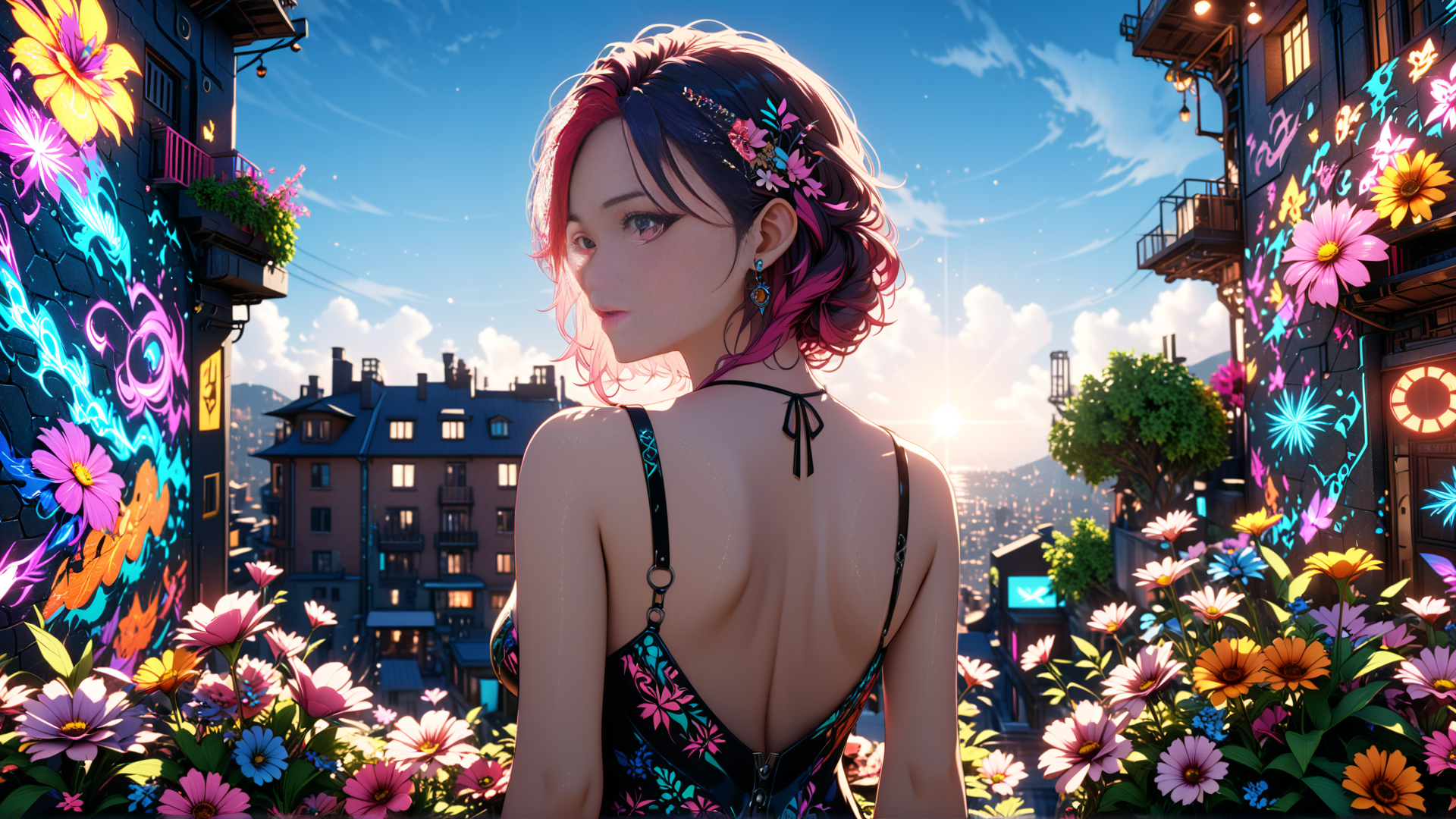AI generated wallpaper featuring woman, flowers, city