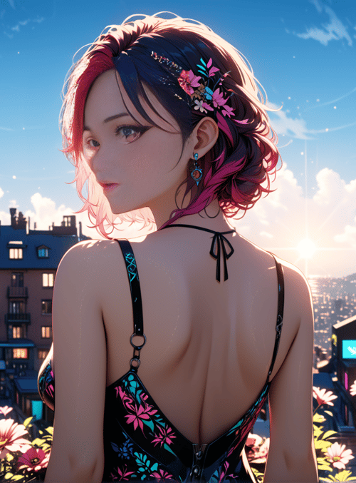 woman, flowers, city