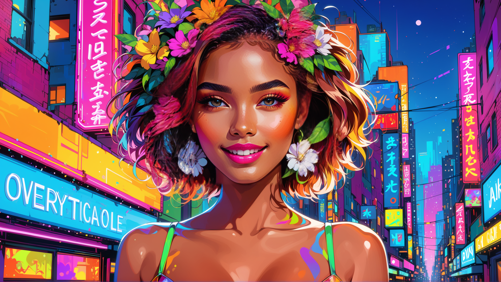 AI generated wallpaper featuring woman, city, flowers