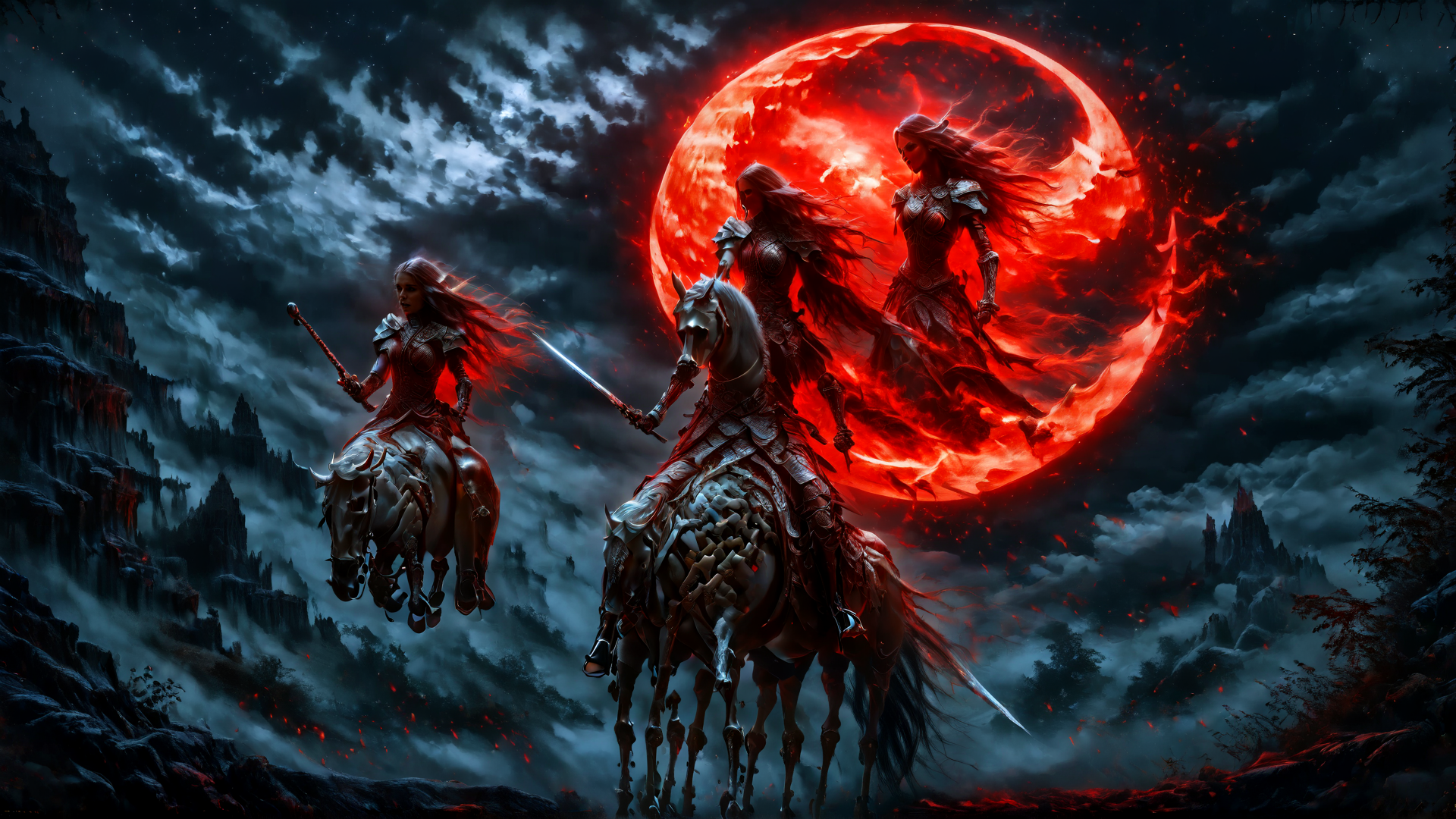 AI generated wallpaper featuring warrior, horse, spear, sword, red moon, armored, fantasy