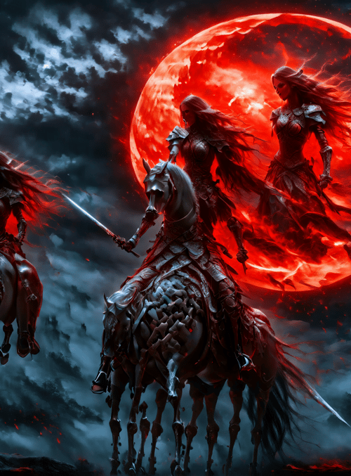 warrior, horse, spear, sword, red moon, armored, fantasy