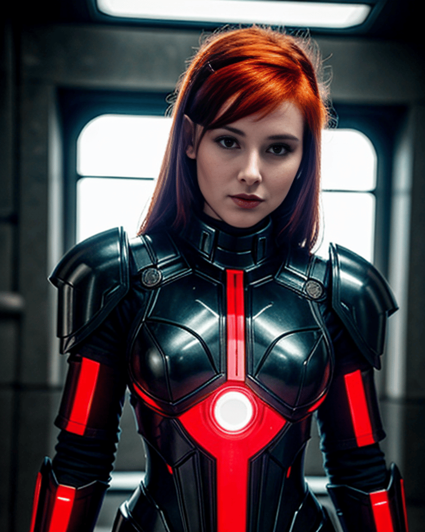 AI generated wallpaper featuring woman, cyborg, armor