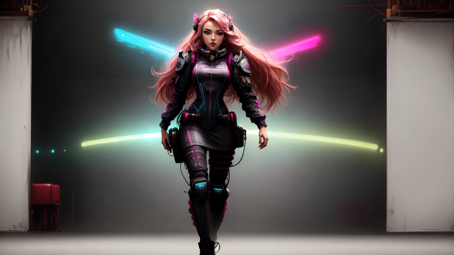 AI generated wallpaper featuring cyborg, woman, neon, light, tech, gears, armor, hair, laser, robot