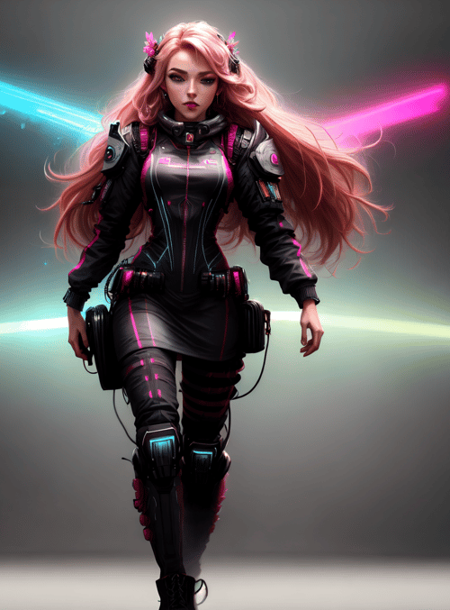 cyborg, woman, neon, light, tech, gears, armor, hair, laser, robot