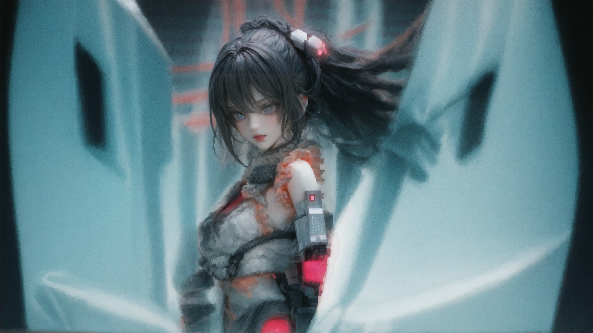 AI generated wallpaper featuring cyberpunk girl, mechanical arm, holographic background