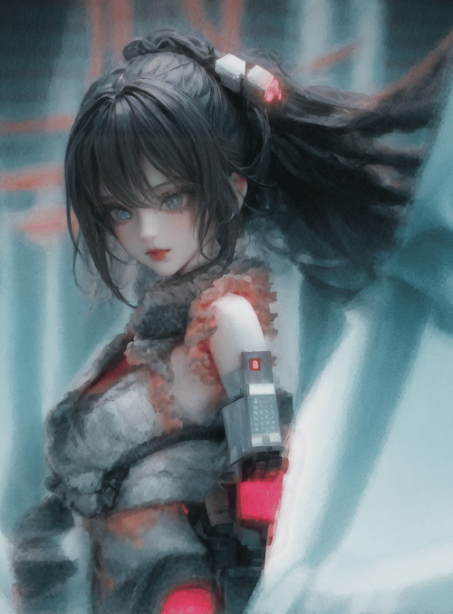 cyberpunk girl, mechanical arm, holographic background