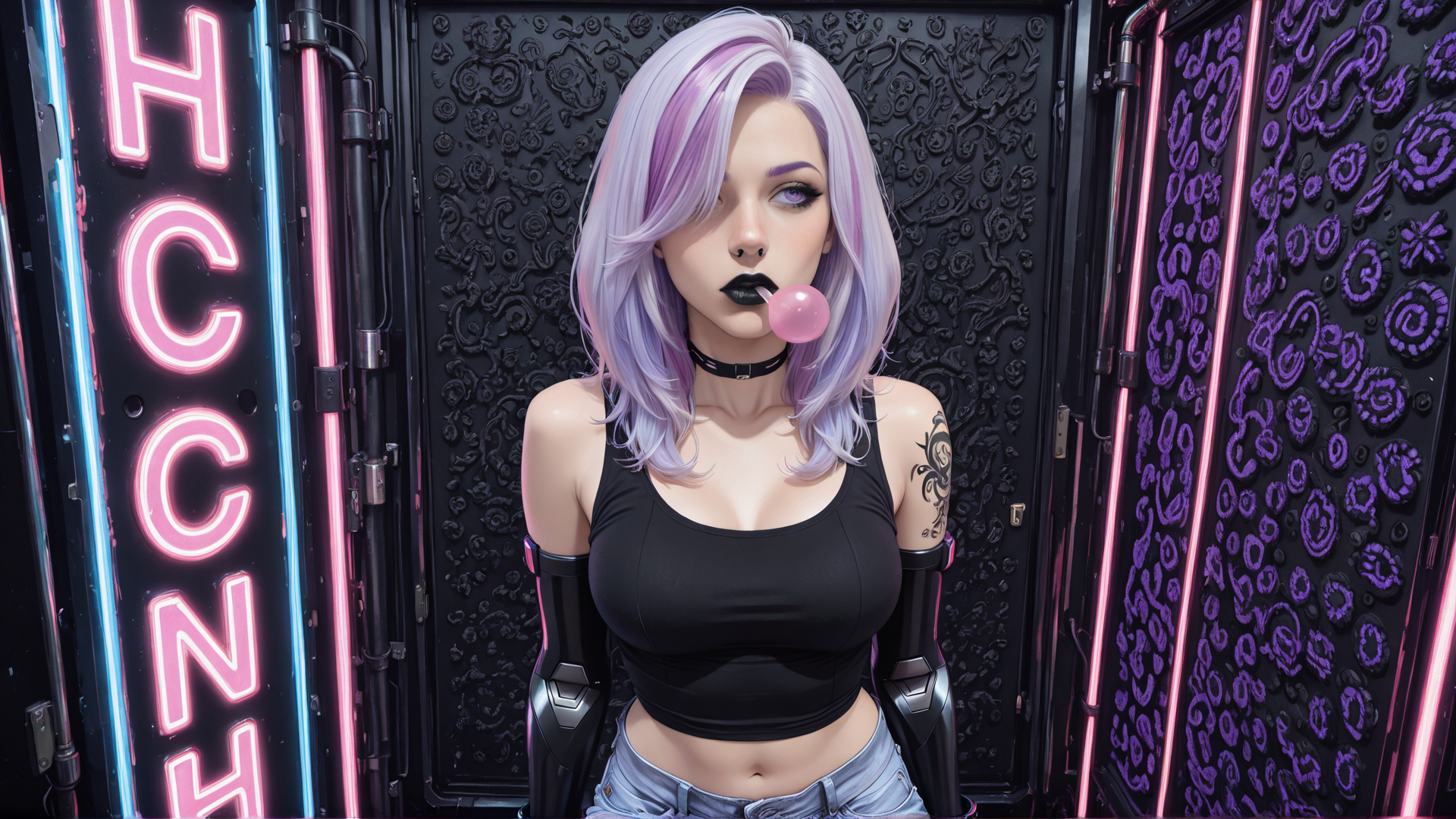 AI generated wallpaper featuring woman, neon, cherry, tattoo, choker, cyberpunk