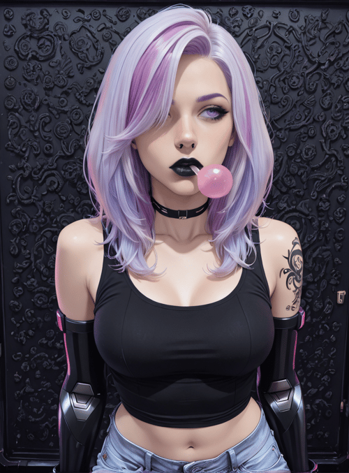woman, neon, cherry, tattoo, choker, cyberpunk