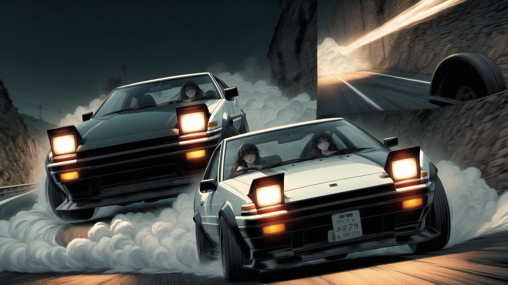AI generated wallpaper featuring cars, driving, tuning, road, race, characters, speed, smoke, tire, light