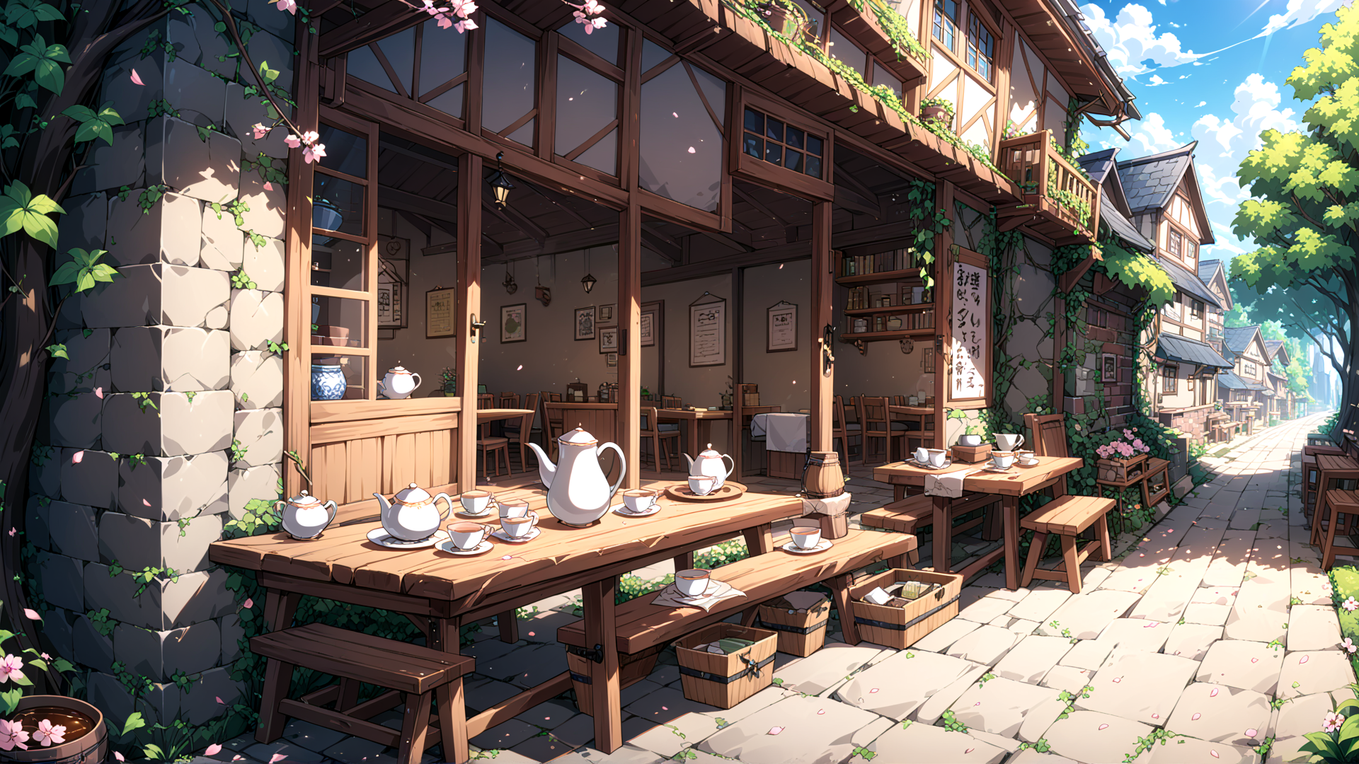 AI generated wallpaper featuring cafe, street, tea set