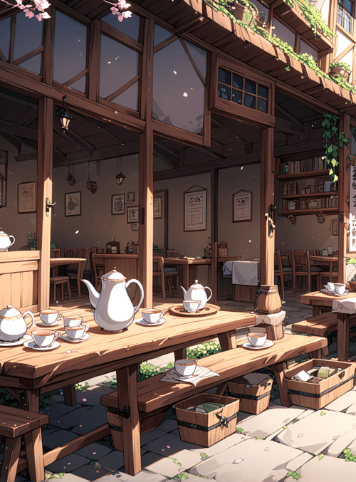 cafe, street, tea set