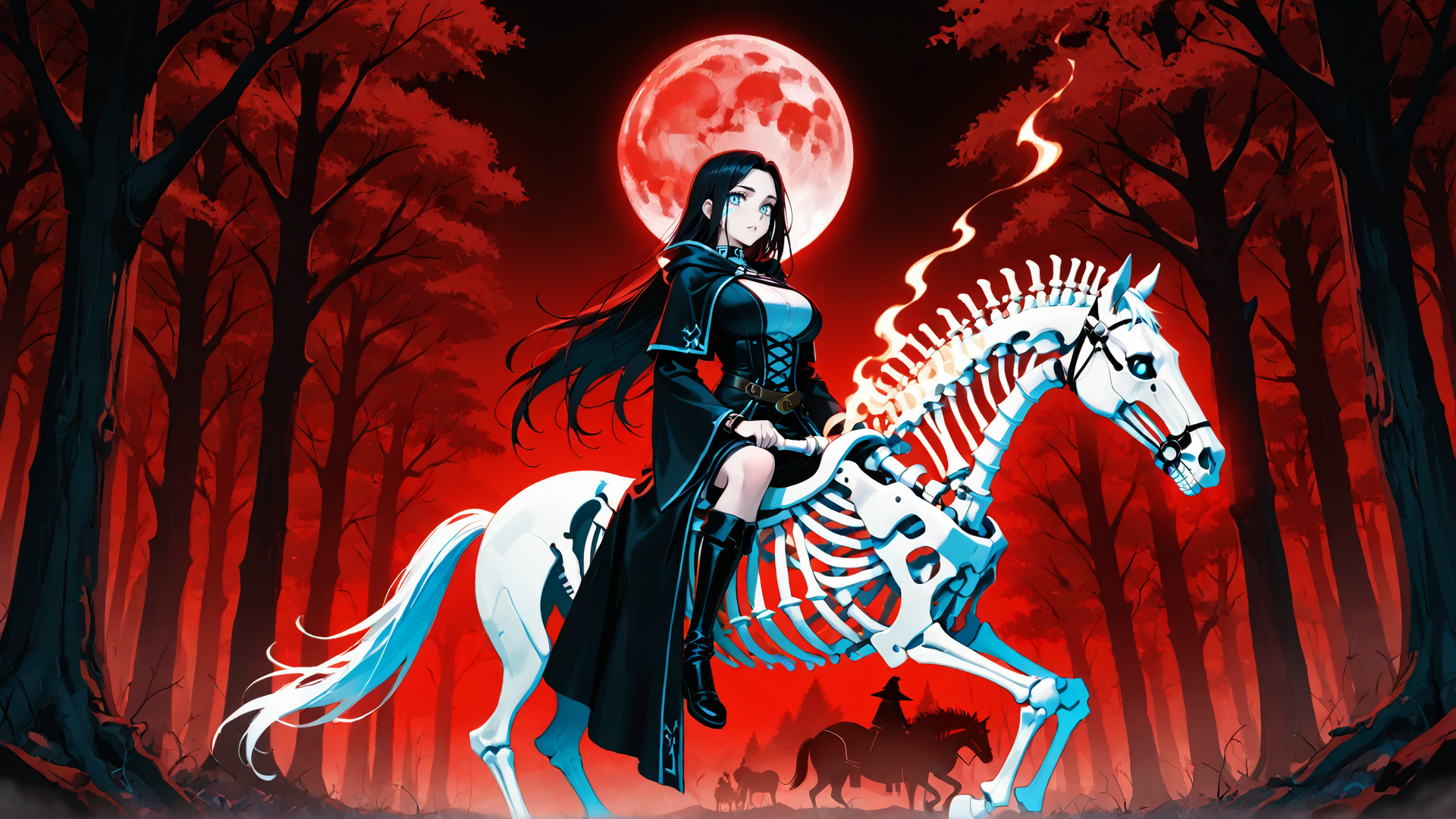 AI generated wallpaper featuring woman, skeleton horse, forest, red moon, swords, trees