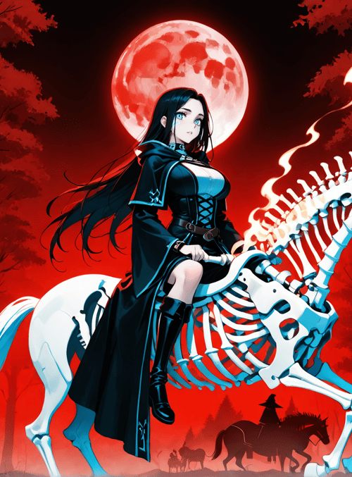 woman, skeleton horse, forest, red moon, swords, trees