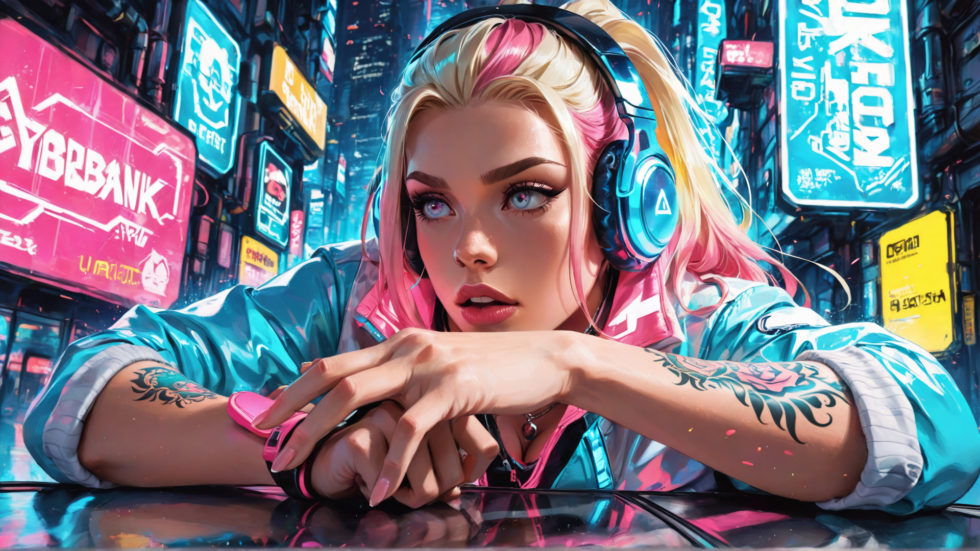 AI generated wallpaper featuring woman, headphones, tattoo, neon, cityscape, cyberpunk, smartphone, jacket, signs, blonde