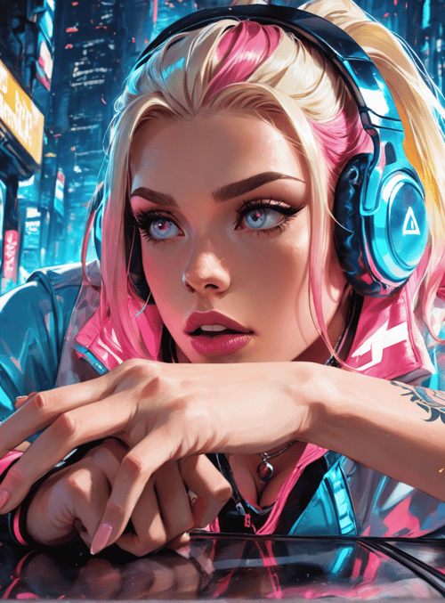 woman, headphones, tattoo, neon, cityscape, cyberpunk, smartphone, jacket, signs, blonde