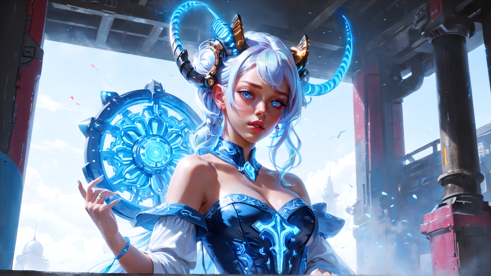 AI generated wallpaper featuring woman, angel, cyborg, helmet, armor