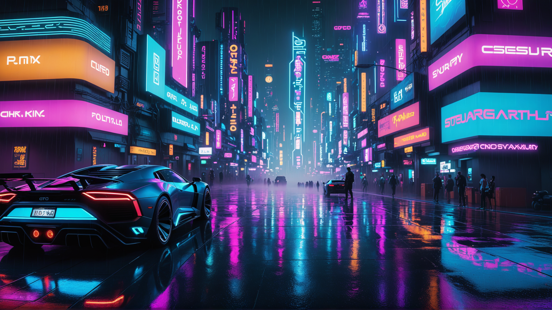 AI generated wallpaper featuring city, car, neon