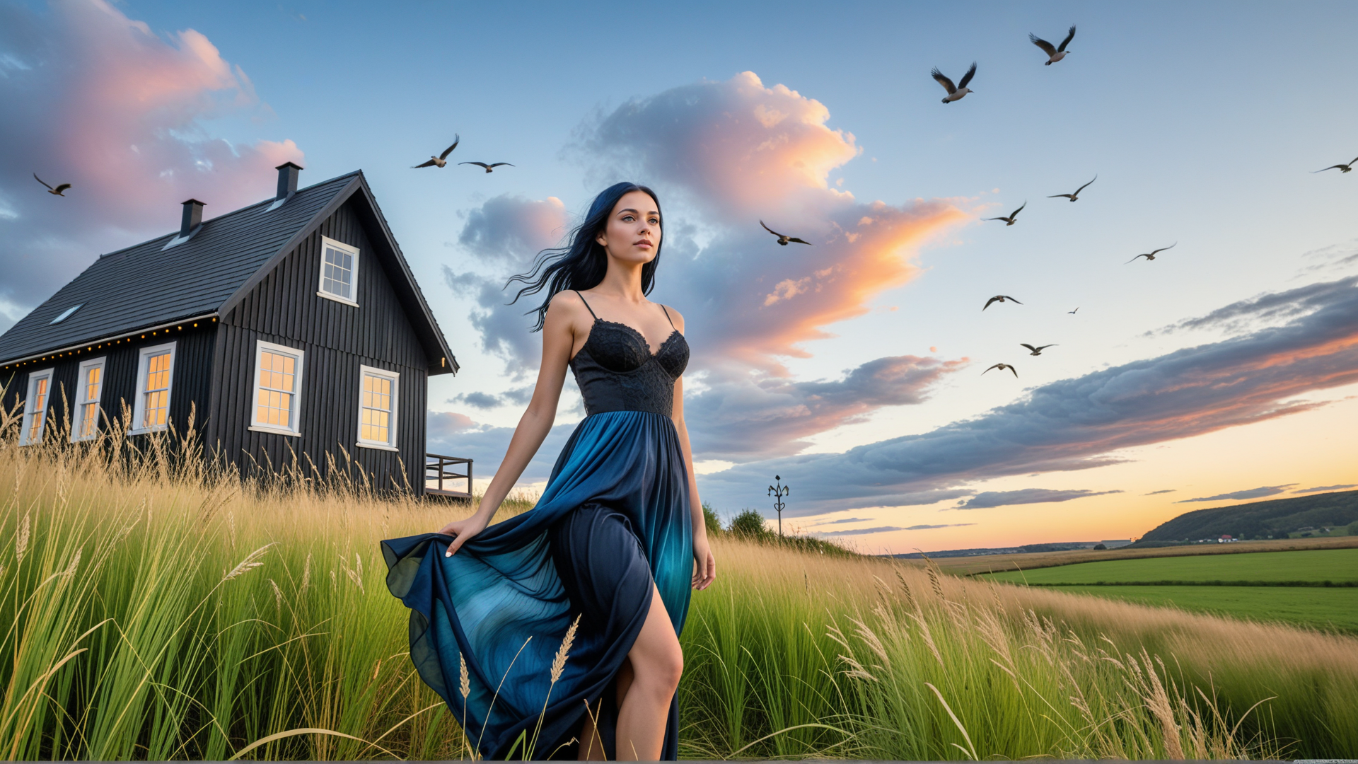 AI generated wallpaper featuring woman, house, birds, grass, sky, dress