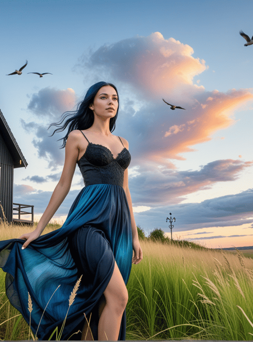 woman, house, birds, grass, sky, dress