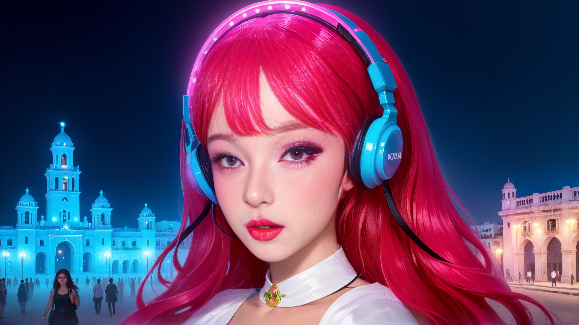 AI generated wallpaper featuring girl, headphones, building