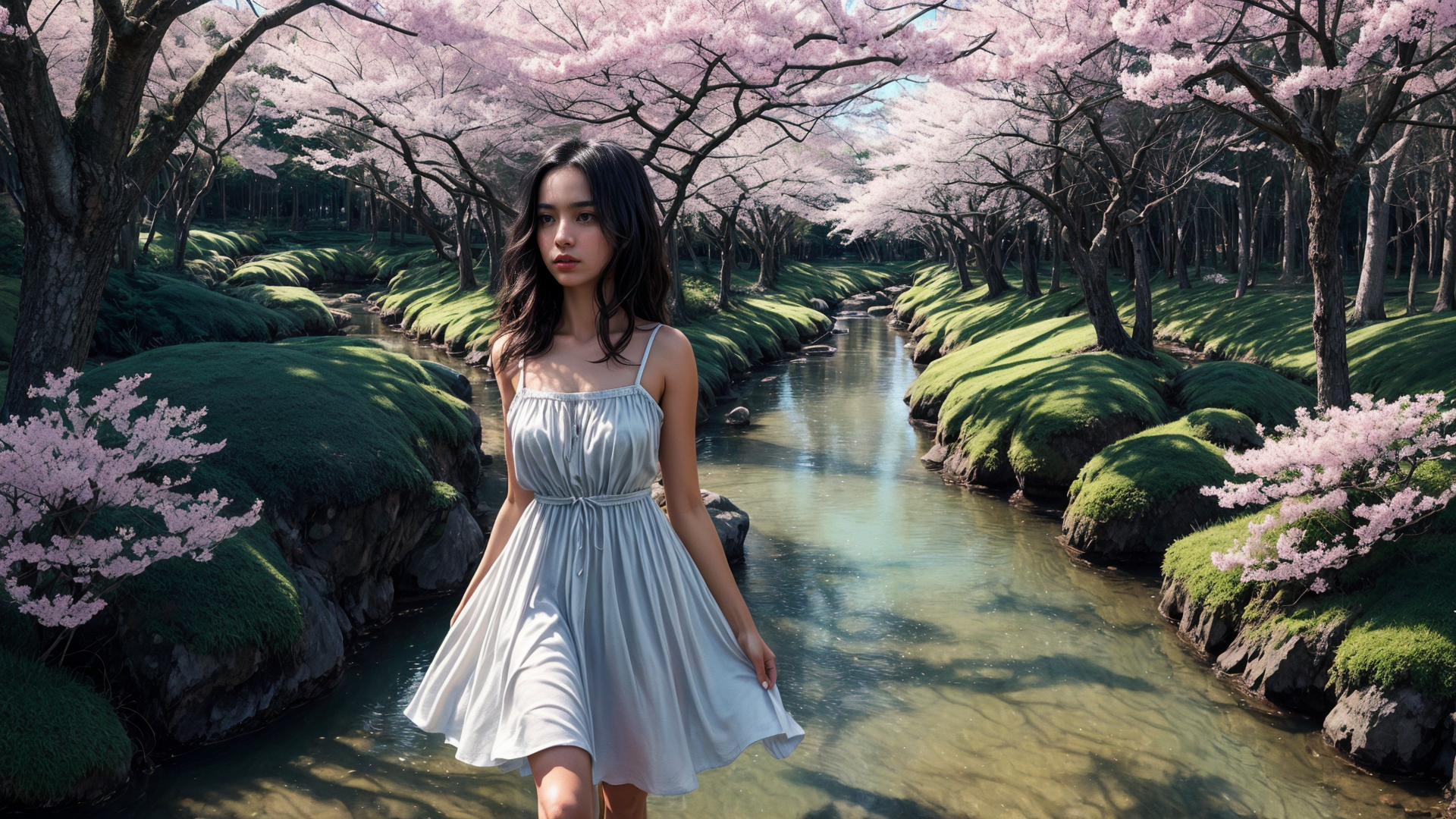 AI generated wallpaper featuring woman, cherry blossoms, river