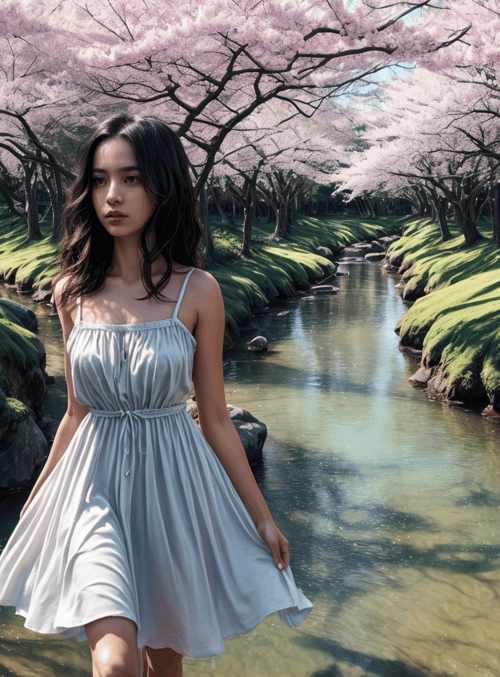 woman, cherry blossoms, river
