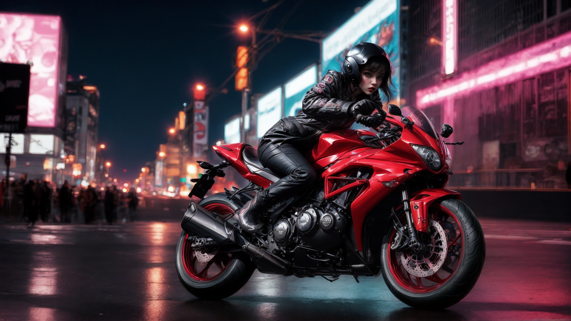 AI generated wallpaper featuring motorcyclist, motorcycle, city
