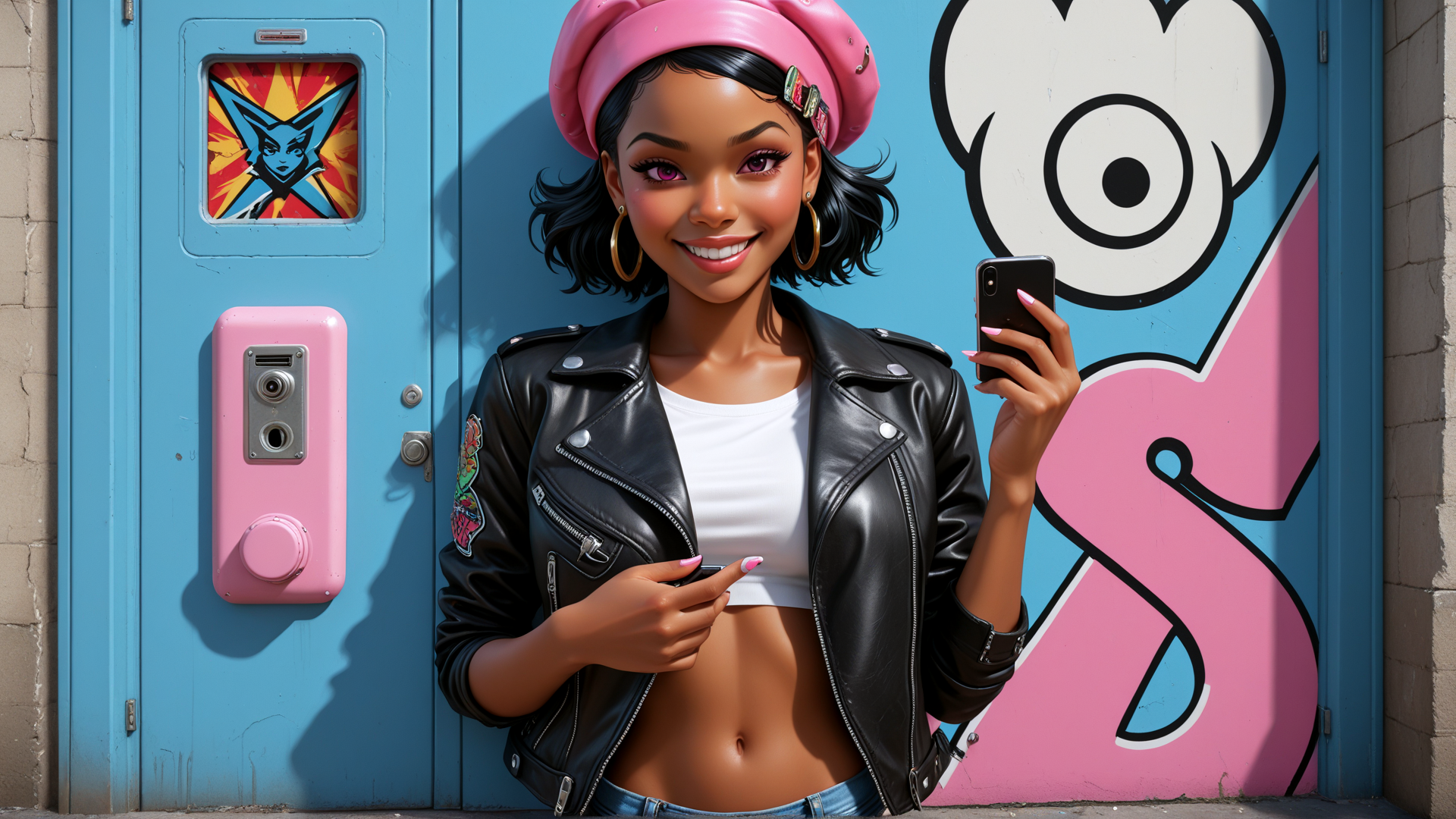 AI generated wallpaper featuring woman, phone, beret, leather jacket, graffiti, door, earring