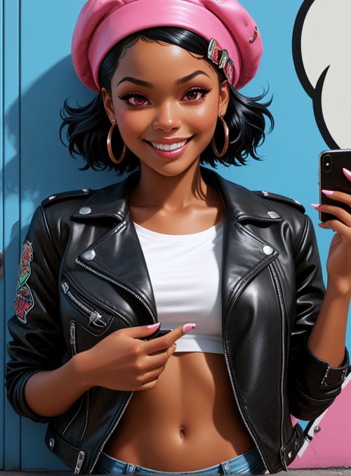 woman, phone, beret, leather jacket, graffiti, door, earring