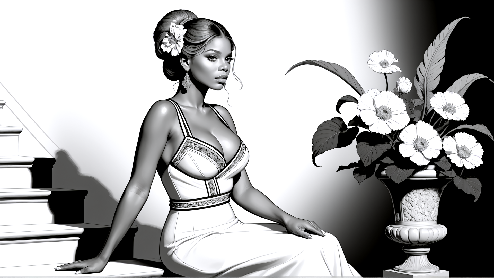AI generated wallpaper featuring woman, flower, vase, dress, staircase