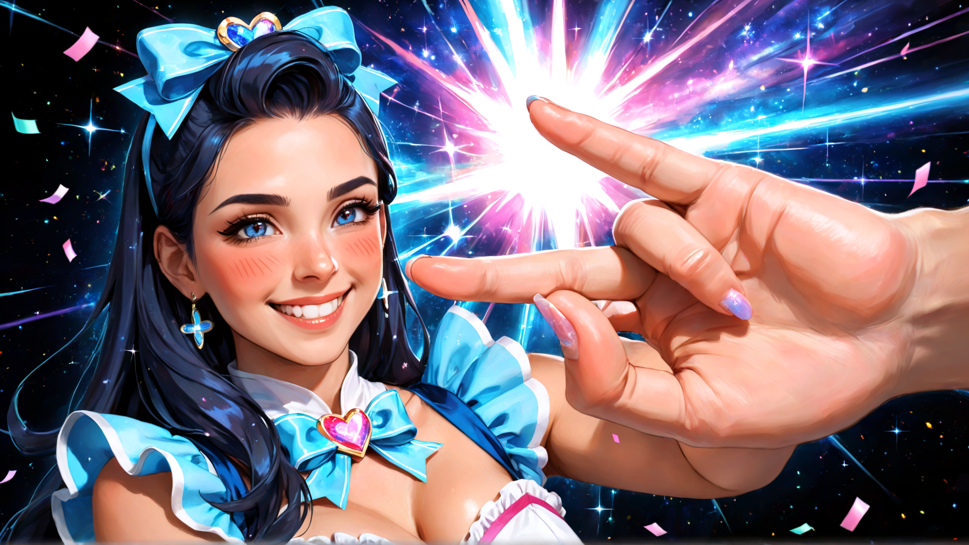 AI generated wallpaper featuring girl, hand, bow, star, confetti