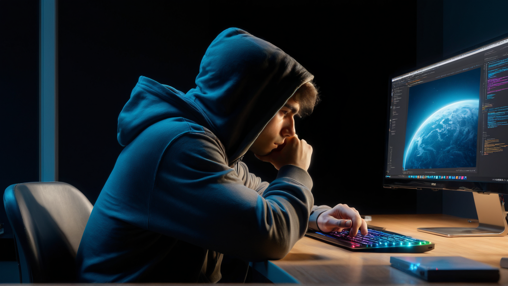 AI generated wallpaper featuring hacker, computer, gamer