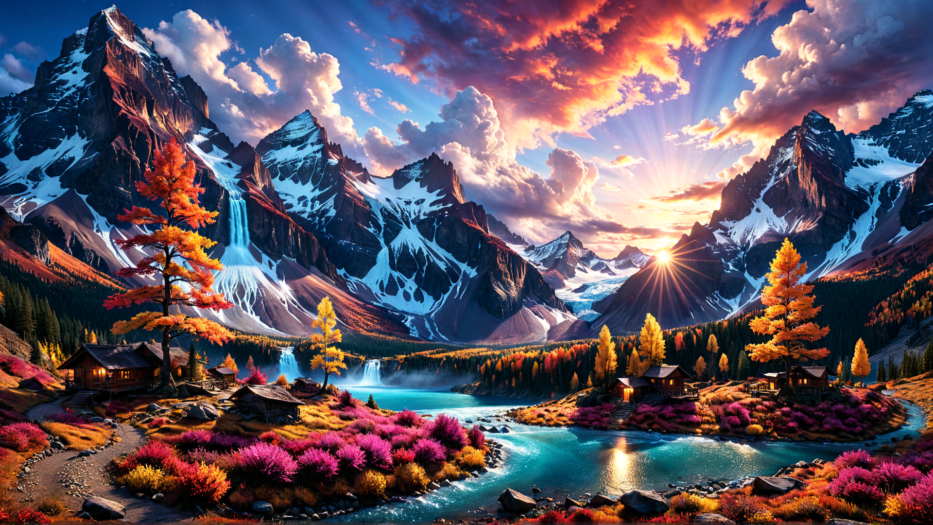AI generated wallpaper featuring mountains, forest, lake, waterfall, cabins
